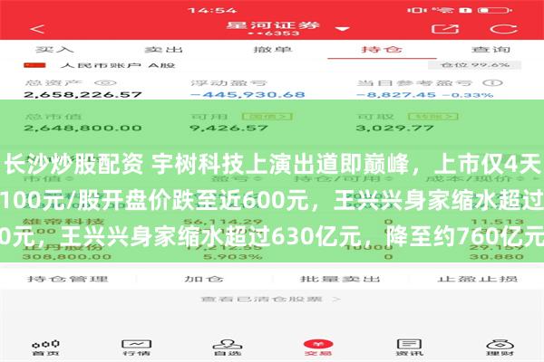 长沙炒股配资 宇树科技上演出道即巅峰，上市仅4天时间，股价重挫，从1100元/股开盘价跌至近600元，王兴兴身家缩水超过630亿元，降至约760亿元